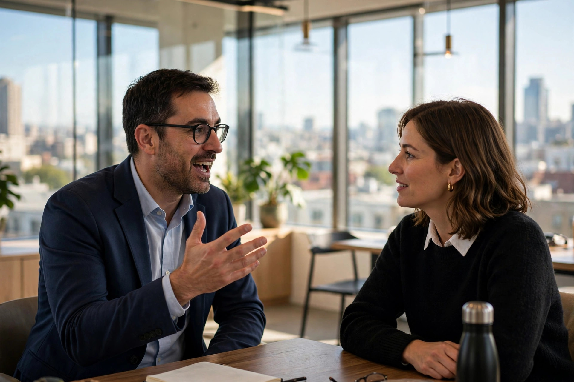 Two professionals in conversation — the Denglish Pro communication system
