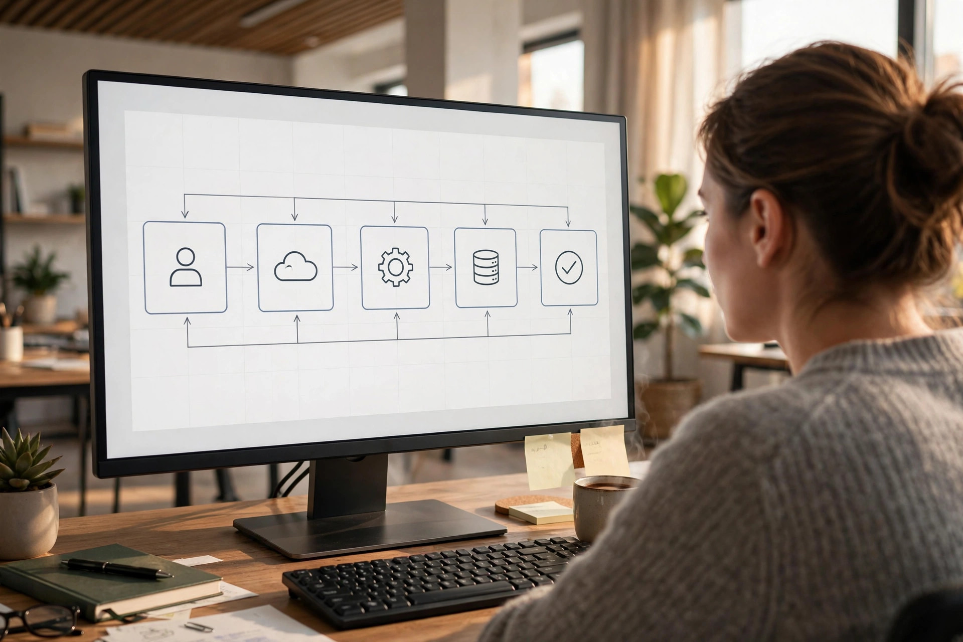 A professional reviewing a clear workflow on a screen — real work, made easier